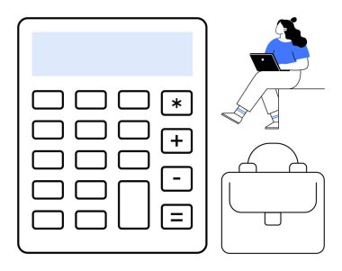 Dizüstü bilgisayarlı bir kadın, temel işlevleri olan büyük bir hesap makinesi ve iş, finans, muhasebe ve verimliliği simgeleyen bir evrak çantası. Finansal planlama ve iş stratejisi için ideal