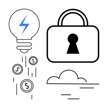 Mavi yıldırımlı ampul ve düşen bozuk paralar anahtar delikli asma kilit, basit bulut. Finans, güvenlik, yatırım, yenilik, ekonomi teknolojisi iş kavramları için idealdir. Satır metaforu