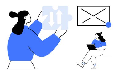 İki kişi takım çalışması yapıyor. Biri elinde oklu bir yapboz parçası, diğeri de dizüstü bilgisayar kullanıyor. Takım oluşturma, proje yönetimi, iş akışı iyileştirme, iletişim ve işbirliği için ideal