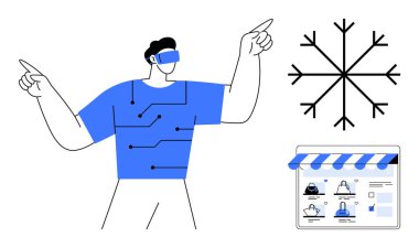 VR kulaklık takan kişi kar tanesi ve dijital mağaza vitriniyle etkileşimde. Teknoloji için ideal, sanal gerçeklik, çevrimiçi alışveriş, e-ticaret, kış satışları, fütürist perakende satış, kullanıcı deneyimi. Çizgi