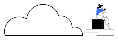 Siyah bir blokta otururken tablet kullanan biri. Yakınlarda büyük bir bulut çizgisi var. Teknoloji, bulut hesaplama, depolama, uzaktan çalışma, dijital araçlar, çevrimiçi öğrenme için ideal. Çizgi