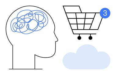 Human head filled with tangled lines representing confusion, shopping cart with notification number three, and cloud shape. Ideal for mental health, online shopping, notifications, cloud storage clipart