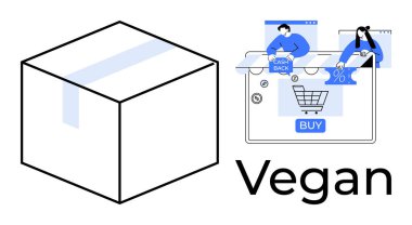 Bir alışveriş arabasının, satın alma düğmesinin ve indirim sembolleri gösteren bireylerin bulunduğu online alışveriş arayüzünün yanındaki kutuda. E-ticaret, perakende, vegan ürünler, online alım, indirimler için ideal