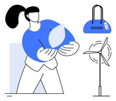 At kuyruklu kadın yaprak tutarak ekolojik bilinci sembolize ediyor. Rüzgar türbini ve el çantası da dahil. Yeşil enerji, sürdürülebilir yaşam, çevre dostu ürünler, çevresel koruma için ideal