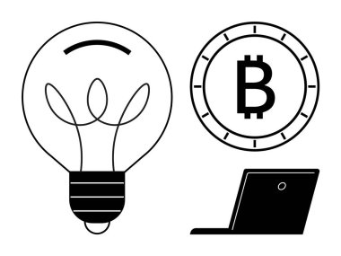 Ampul, Bitcoin sembolü ve laptop. Teknoloji yeniliği, kripto para birimi, blok zinciri, fintech, dijital ekonomi, yatırım, iş stratejisi için ideal. Satır metaforu