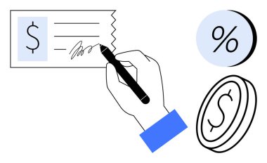 Dolar sembolü ile el ele kalem işaretleri kontrolü. Yüzde yüz sembol ve madeni para grafikleriyle birlikte. Bankacılık, finans, yatırımlar, krediler, faiz oranları, bütçe planlaması için ideal. Çizgi