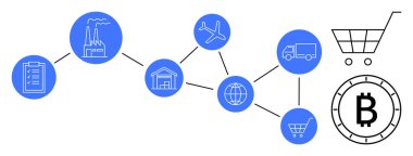 Fabrika, uçak, depo, kamyon, el arabası, klasör ve Bitcoin gibi mavi bir ağa bağlı tedarik zinciri elemanları. Lojistik, kripto para birimi, blok zinciri ve imalat için ideal.