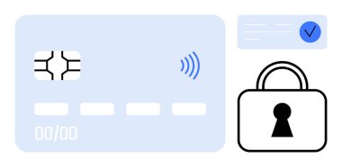 Çipli kredi kartı ve temassız ödeme sembolü onaylı işlem kontrol işareti ve güvenlik kilidi. Finans, bankacılık, güvenlik, e-ticaret, işlemler, ödemeler ve veri gizliliği için ideal