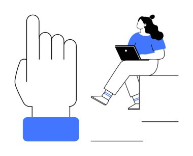 Kadın dizüstü bilgisayarını kullanarak kenarda oturuyor, kocaman bir işaret el hareketinin yanında. Teknoloji, eğitim, iş, iletişim, çoklu görev, ağ, uzak çalışma kavramları için idealdir. Satır metaforu