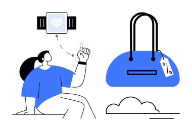 Bir el çantasının yanındayken akıllı kalp atış hızı monitörünü inceleyen kişi. Teknoloji, sağlık, yaşam tarzı, fitness, alışveriş, tüketici ürünleri, modern yaşam için ideal. Satır metaforu