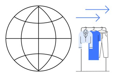 Enlem ve boylam çizgileri olan dünya, gömlek, ceket ve pantolon askılarının yanında. E-ticaret, moda endüstrisi, küreselleşme, çevrimiçi alışveriş, giyim ticareti, küresel pazarlama için ideal