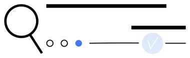 İki yatay çizgili büyüteç, üç küçük daire, mavi işaret. Arama işlevselliği, doğrulama süreçleri, web tasarımı, dijital pazarlama, veri keşfi, kullanıcı