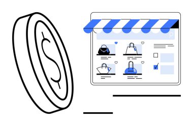 Arama işlevine sahip dizüstü bilgisayar ekranında alışveriş torbaları gösterilir. E-ticaret, finans, çevrimiçi mağazalar, moda, bütçe, dijital pazarlar, ekonomik tartışmalar için idealdir. Satır metaforu