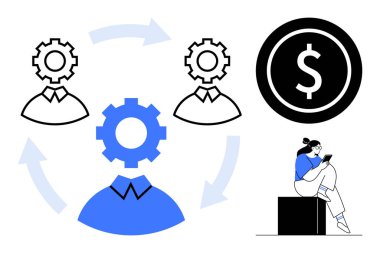 Vites simgeli iş figürleri, dairesel iş akışı okları, dolar işareti ve tablet kullanan kişi. İş süreçleri, takım iş akışı, finans, yenilik, otomasyon verimliliği için ideal