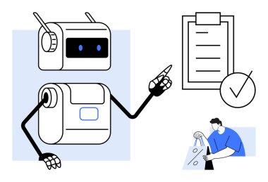 Bir adam alışveriş torbalarını tutarken robot işaretli bir listeyi işaret ediyor. Otomasyon, görev yönetimi, e-ticaret, teknoloji entegrasyonu, verimlilik, perakende verimliliği için ideal. Çizgi