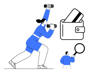 Ağırlık kaldıran kişi, kredi kartı olan cüzdan ve yakından incelenen büyüteçle şahıs. Finans, fitness, kişisel büyüme, soruşturma ve sağlık teknolojisi için ideal. Çizgi