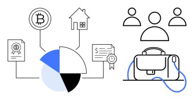 Turta tablosu, evrak çantası, Bitcoin sembolü, ev ve insanların simgeleri bağlantılı. İş, finans, yatırım, girişimcilik, gayrimenkul, takım çalışması ve planlama için idealdir. Satır metaforu