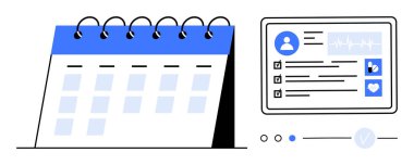 Kullanıcı profili ve kalp atış hızı verilerini gösteren dijital bir sağlık bilgi ekranının yanında spiral takvim. Sağlık izleme, programlama, sağlık uygulamaları, verimlilik araçları, tıbbi programlar için ideal
