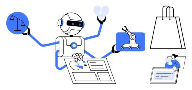 Kanun unları, sağlık, imalat ve perakende sektöründe birden fazla iş yapan robot, yanında dizüstü bilgisayar kullanan bir insan. Teknoloji, eğitim, iş yapay zekası otomasyon sağlık hizmetleri için idealdir. Çizgi