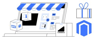 Çizgili tenteli, alışveriş çantaları, paket kutuları ve ticari simgesi olan bir dizüstü bilgisayarın vitrininde. E-ticaret, çevrimiçi alışveriş, pazarlama, perakende satış ve mağaza için ideal