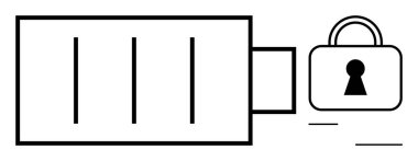Asma kilidin yanındaki pil simgesi güvenli veri depolama ve mahremiyeti vurguluyor. Teknoloji, siber güvenlik, enerji yönetimi, veri koruması, dijital güvenlik, kişisel mahremiyet ve güvenlik için ideal