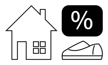 Bir ev, bir ayakkabı ve siyah dikdörtgen arka planda yüzde işareti. Finans, gayrimenkul, perakende, pazarlama, satış, promosyon, reklam için ideal. Satır metaforu