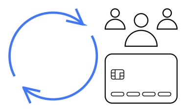 Dairesel oklar, üç kullanıcı simgesi ve bir kredi kartı simgesi. Takım çalışması, işbirliği, ödeme sistemleri, dijital işlemler, mali yönetim, kullanıcı arayüzleri ve bankacılık uygulamaları temaları için ideal