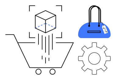 Alışveriş arabası, 3 boyutlu küp, etiketli el çantası ve vites simgesi teknoloji ürünü online alışveriş deneyimini temsil ediyor. E-ticaret, perakende, teknoloji, pazarlama, ürün yönetimi yenilik satışları için ideal