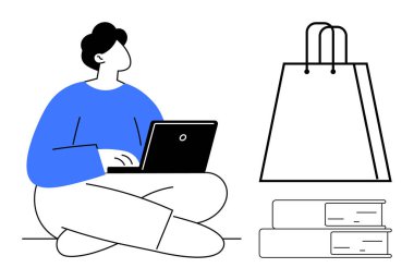 Dizüstü bilgisayarla bacak bacak üstüne atmış biri. İçinde büyük bir alışveriş çantası ve iki istiflenmiş kitap var. Çevrimiçi alışveriş, e-ticaret, eğitim, uzaktan çalışma, öğrenim, perakende ve dijital için ideal