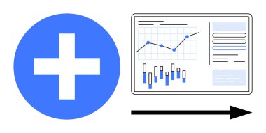 Blue plus sign followed by an analytics dashboard showing line and bar charts, with an arrow pointing rightward. Ideal for business growth, medical data analysis, progress tracking, positive change clipart