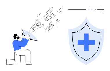 Diz çöküp, mavi haçlı büyük bir koruyucu kalkanı hedef alan üç DDoS etiketli füzeyi engellemek için kalkan kullanan bir adam. Siber güvenlik, ağ koruması, bilişim güvenliği, DDoS hafifletme, veri