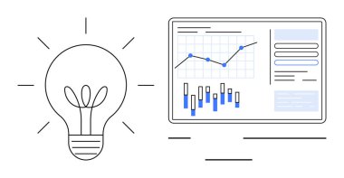 Analitik ekranın yanında fikirler ve yenilikleri grafik ve verilerle temsil eden ampul. İş stratejisi, yenilik, üretkenlik, veri analizi, teknoloji, piyasa araştırması için ideal