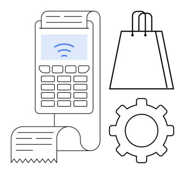 Makbuz, alışveriş çantası ve perakende işlemleri, ödeme işlemleri ve sistem ayarlarını sembolize eden teçhizatlı satış noktası. E-ticaret, alışveriş, perakende, ödeme sistemleri tüketicisi için ideal