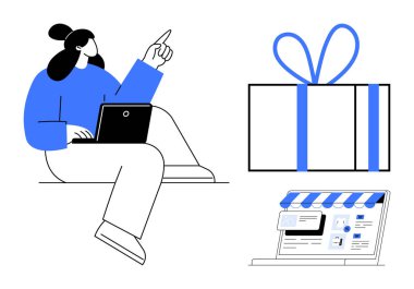 Female character uses laptop near gift box and online store interface. Ideal for ecommerce, online shopping, digital marketing, business, holiday sales, remote work, web design themes. Line metaphor clipart