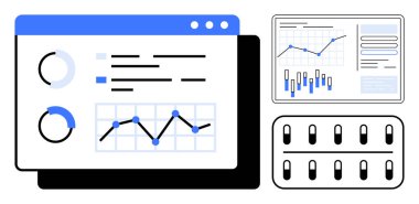 Bilgisayar ekranında satır grafikleri, çubuk grafikleri, göstergeler ve kaydırıcılar gibi çeşitli grafikler gösteriliyor. İş analizleri, performans takibi, veri temsili ve finans için ideal