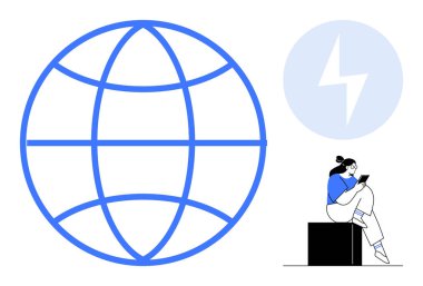 Large blue globe, woman with tablet on black box, blue electric bolt. Ideal for technology, innovation, communication, internet, digital transformation education remote work. Line metaphor clipart