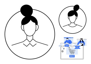 E- ticaret unsurlarının yanı sıra çörek saç stili olan kadın kullanıcı profili simgeleri bir alışveriş arabasını ve indirim tekliflerini onaylıyor. E-ticaret, kullanıcı profilleri, çevrimiçi alışveriş, pazarlama, perakende satış için ideal