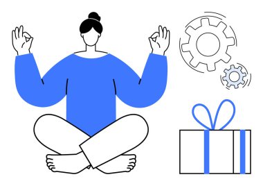 Nilüfer çiçeğiyle meditasyon yapan sakin bir birey hediye kutusu ve dönen viteslerle gözlerini kapatır. Stres atma, iş-yaşam dengesi, üretkenlik, rahatlama, farkındalık, meditasyon ve kişisel yaşam için ideal