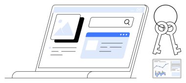 Laptop ekranı arama motoru penceresi, resim küçük resmi, web sayfası simgesi, anahtarlar, analitik şeması içerir. Dijital güvenlik, web taraması, verimlilik, veri analizi, araştırma, çevrimiçi yönetim için ideal