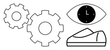 Dişliler birleşiyor, göz içinde bir saat ve bir ayakkabı sembolü. Üretkenlik, zaman yönetimi, verimlilik, iş hayatı dengesi, motivasyon, hareket, mekanik süreçler için idealdir. Satır metaforu