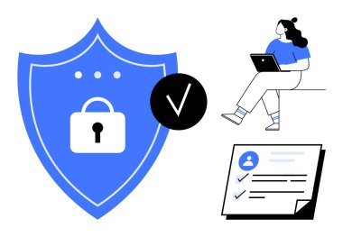 Asma kilit kalkanı güvenliği simgeliyor, dizüstü bilgisayarı olan kadın doğrulama işaretli doğrulama listesi. Siber güvenlik, veri koruması, mahremiyet, kimlik doğrulama süreçleri için ideal, çevrimiçi