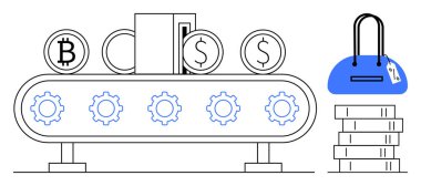 Nakliye bandı, kripto para birimi, kredi kartı ve para dolu paralar lüks el çantaları ve para yığınlarına açılıyor. Fintech, e-ticaret, otomasyon, kripto para, perakende, finans hizmetleri için ideal