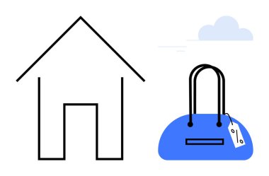 Siyah taslak ev ve mavi el çantası ile en düşük fiyat etiketi ve bulutlu arka plan. Alışveriş, emlak, seyahat, bütçe, minimalizm, çevrimiçi mağazalar, promosyonlar için ideal. Satır metaforu