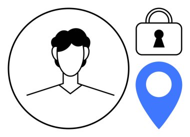 İçerideki çemberin Avatar 'ı, mavi harita iğnesi ve asma kilit. Kullanıcı profilleri, gizlilik, güvenlik, konum hizmetleri, navigasyon kimlik koruması ve çevrimiçi güvenlik temaları için ideal. Satır metaforu