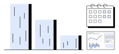 Çizelge çizelgesi, çizelge ve grafiklerin yer aldığı bir takvim ve veri analiz ekranının yanında alçalan değerleri gösterir. İş raporları, veri analizi, proje planlaması, zaman yönetimi ve finans için ideal