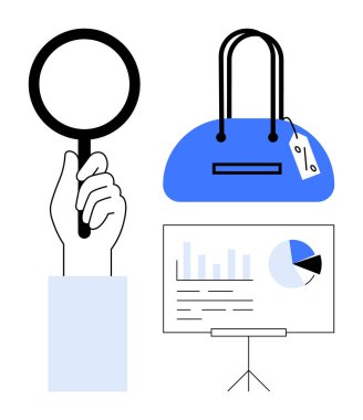 El ele tutuşan büyüteç, üzerinde fiyat etiketi olan mavi el çantası ve pasta grafiği ve çubuk grafiği olan tripod standında veri tablosu. Alışveriş analizi, piyasa araştırması, perakende eğilimleri ve iş için ideal