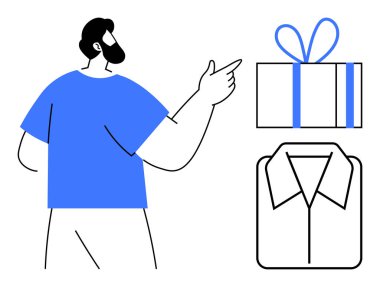 Mavi gömlekli adam hediye kutusunu ve düzgünce katlanmış gömleği gösteriyor. Alışveriş, hediye, kıyafet, moda, karar verme, tatil promosyonları ve sunumlar için ideal. Satır metaforu