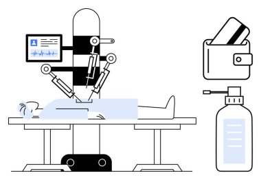 Ameliyat masasında yatan hastaya robotik kollar, hayati belirtilerle izleme, cüzdanda kart, bir şişe el dezenfektanı. Sağlık, tıbbi teknoloji, finans ve hijyen için ideal