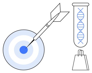 Ok hedefi vurmak kesinliği simgeler, DNA sarmalı test tüpü genetiği simgeler, alışveriş torbası da ticareti simgeler. Biyoteknoloji, ilaç, genetik araştırma, doğruluk için ideal.