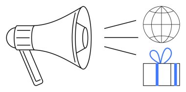 Megafon sesi bir küreye ve paketlenmiş bir hediye kutusuna doğru yükseltiyor. Pazarlama, küresel sosyal yardım, reklam, promosyon, bağış, duyurular, iletişim kampanyaları için idealdir. Satır metaforu